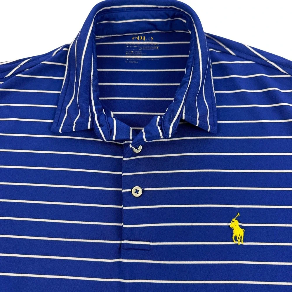 Polo Ralph Lauren Performance Polo Shirt Mens Medium Blue Stripe Golf Stretch